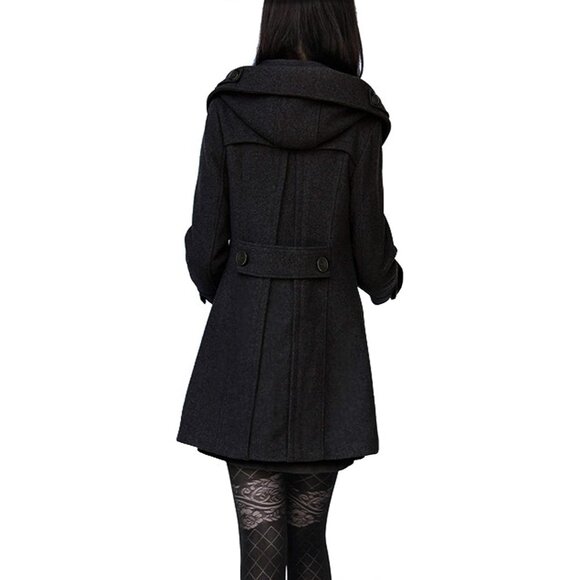 Women's Black Warm Double Breasted Wool Pea Coat Trench Coat Jacket with Hood - Picture 2 of 8